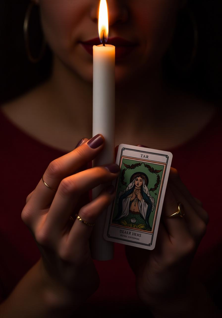 Mãos de Mestre Matheus segurando uma vela acesa e uma carta de tarô